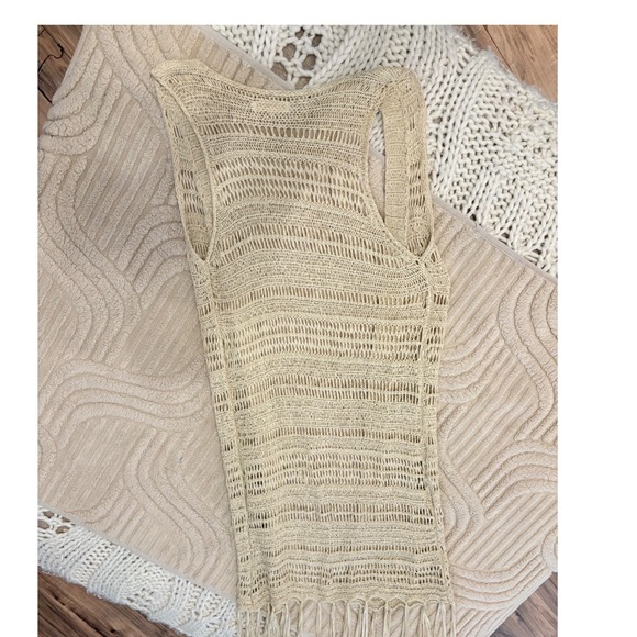 Altar'd State Cream Crochet Knit Fringe Vest Boho Open Front Longline - Picture 2 of 3